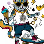 A cool cat with tattoos, sunglasses, riding a skateboard, holding ice cream, and listening to ...jpg