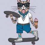 A cool cat with tattoos, sunglasses, riding a skateboard, holding ice cream, and listening to ...jpg