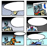 Create three images of the bot replying here in the art styles of various 2000AD comic strips....jpg