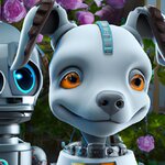 A realistic and finely detailed portrait of a happy and friendly robot dog and hen in a beauti...jpg