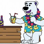 Draw a cartoon-style polar bear wearing a Hawaiian shirt and drinking in a tiki bar. (1).jpg