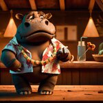 A baby hippo wearing a Hawaiian shirt in a tiki bar, rendered in Pixar style. Show me 3 high r...jpg