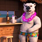 A polar bear wearing a Hawaiian shirt drinking in a tiki bar in 3D rendering style. (1).jpg