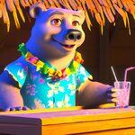 A happy polar bear wearing a Hawaiian shirt in a tiki bar, cute 3D illustration in the style o...jpg