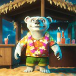 A happy polar bear wearing a Hawaiian shirt in a tiki bar, cute 3D illustration in the style o...jpg