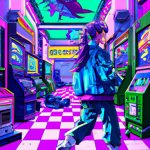 Create a vintage 90&#039;s anime style environmental wise shot of a chaotic arcade at night wi...jpg