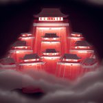 An immense beautiful red samurai castle on the clouds, with transparent glass samurai palaces ...jpg
