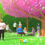 A realistic and beautiful Spring scene with friendly and happy people. The scene should be hig...jpg